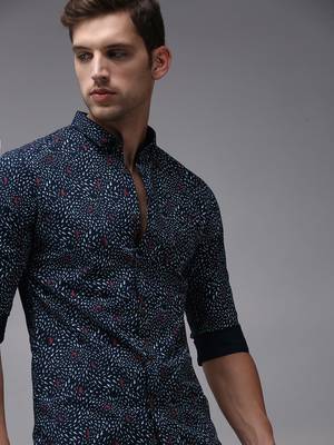 men's long sleeves conversational navy blue shirt 1