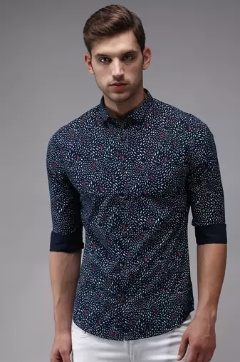 men's long sleeves conversational navy blue shirt