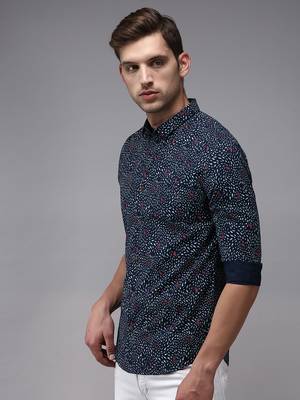 men's long sleeves conversational navy blue shirt 3
