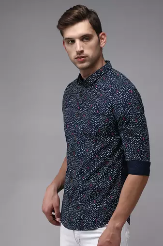 men's long sleeves conversational navy blue shirt