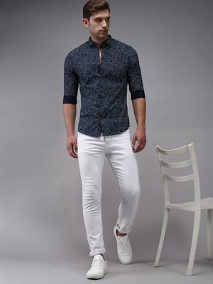 men's long sleeves conversational navy blue shirt 5