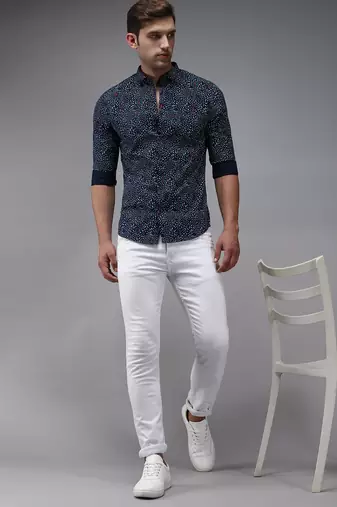 men's long sleeves conversational navy blue shirt