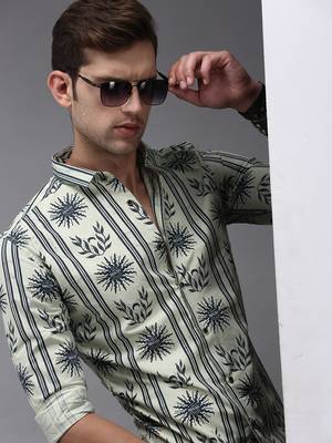 men's long sleeves ethnic motifs green shirt 1
