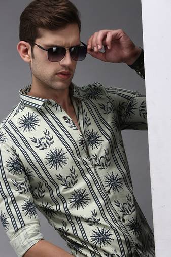 men's long sleeves ethnic motifs green shirt