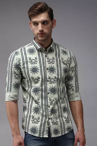 men's long sleeves ethnic motifs green shirt