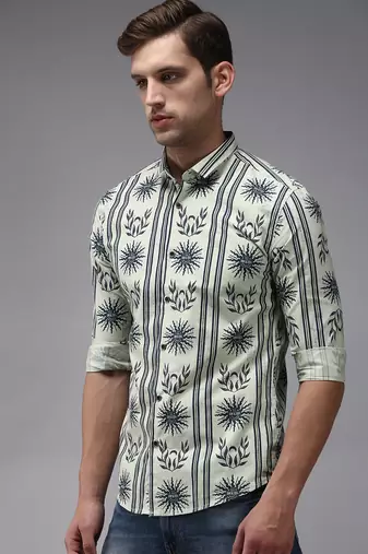 men's long sleeves ethnic motifs green shirt