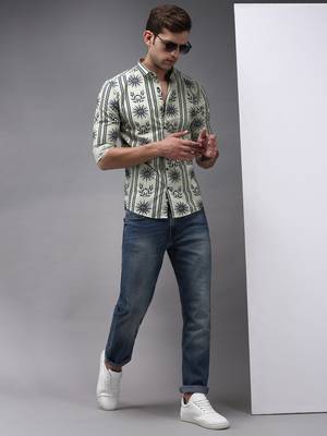 men's long sleeves ethnic motifs green shirt 5