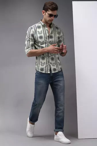 men's long sleeves ethnic motifs green shirt
