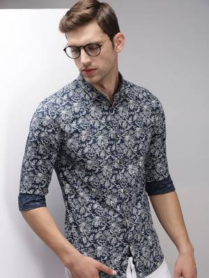 men's long sleeves floral navy blue shirt 1