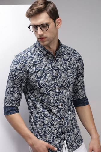 men's long sleeves floral navy blue shirt