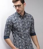 men's long sleeves floral navy blue shirt