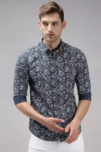 men's long sleeves floral navy blue shirt