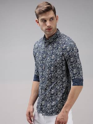 men's long sleeves floral navy blue shirt 3