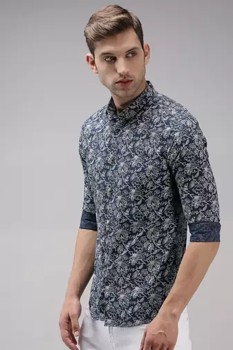 men's long sleeves floral navy blue shirt