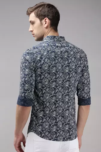 men's long sleeves floral navy blue shirt