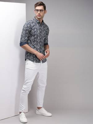 men's long sleeves floral navy blue shirt 5