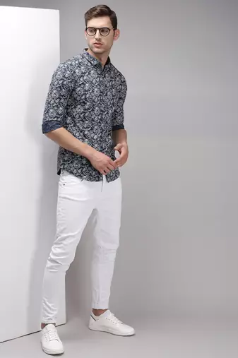 men's long sleeves floral navy blue shirt