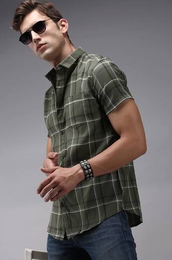 men's short sleeves tartan checks olive shirt
