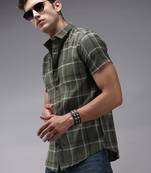 men's short sleeves tartan checks olive shirt