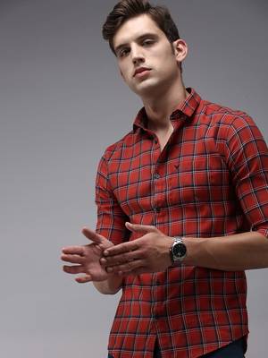 men's long sleeves tartan checks red shirt 1