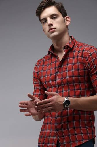 men's long sleeves tartan checks red shirt