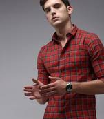 men's long sleeves tartan checks red shirt