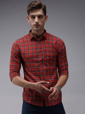 men's long sleeves tartan checks red shirt 2
