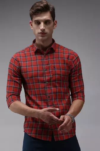 men's long sleeves tartan checks red shirt