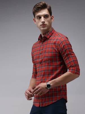 men's long sleeves tartan checks red shirt 3