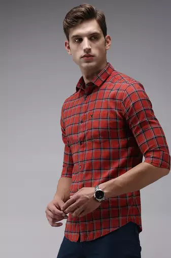 men's long sleeves tartan checks red shirt