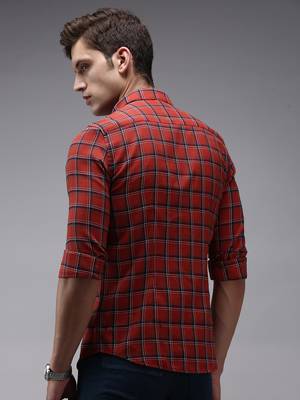 men's long sleeves tartan checks red shirt 4