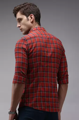 men's long sleeves tartan checks red shirt