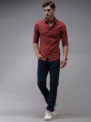 men's long sleeves tartan checks red shirt 5