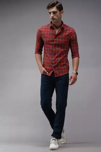 men's long sleeves tartan checks red shirt