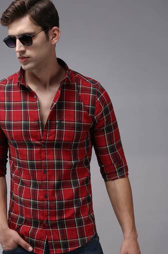 men's long sleeves tartan checks red shirt