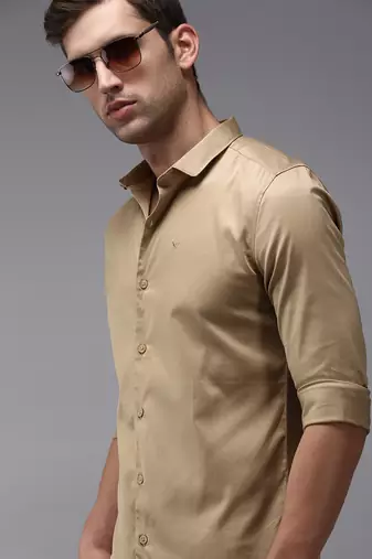 Showoff men's long sleeves solid khaki shirt