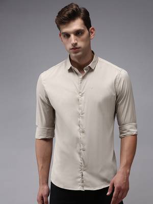 Showoff men's long sleeves solid cream shirt 1