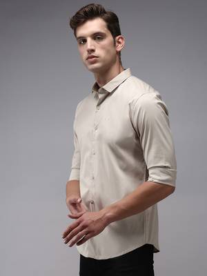 Showoff men's long sleeves solid cream shirt 2