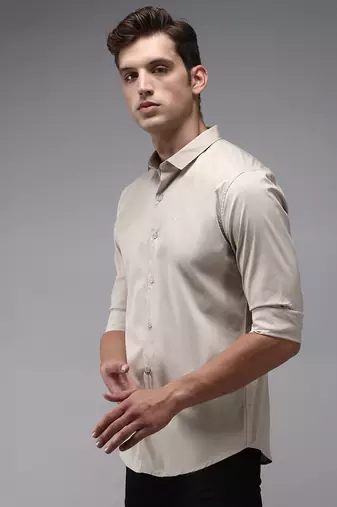 Showoff men's long sleeves solid cream shirt