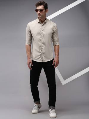 Showoff men's long sleeves solid cream shirt 4