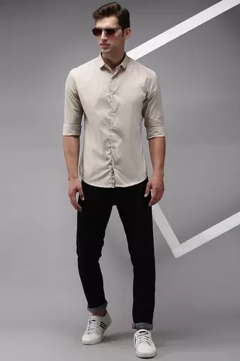 Showoff men's long sleeves solid cream shirt