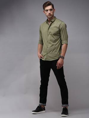 men's long sleeves solid olive shirt 4