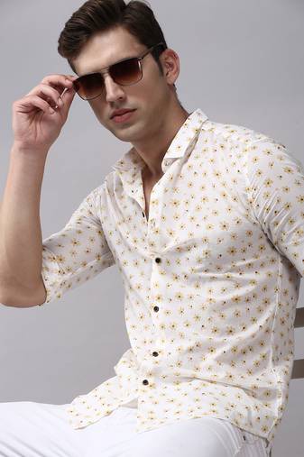 men's long sleeves floral off white shirt