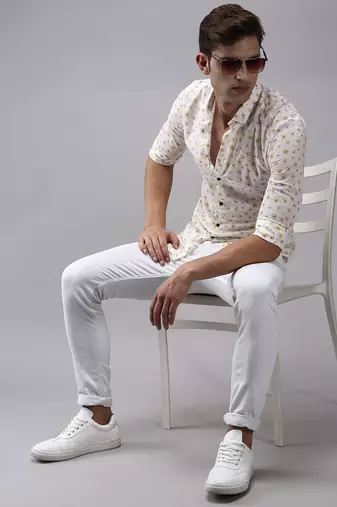 men's long sleeves floral off white shirt