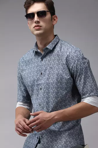 men's long sleeves abstract navy blue shirt