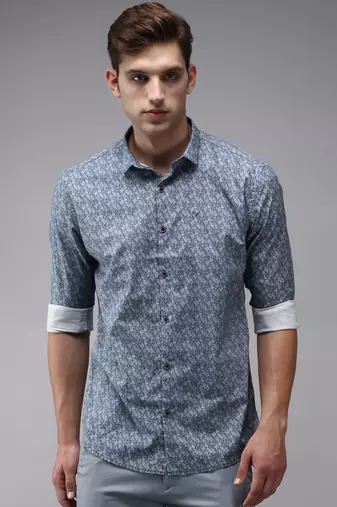 men's long sleeves abstract navy blue shirt