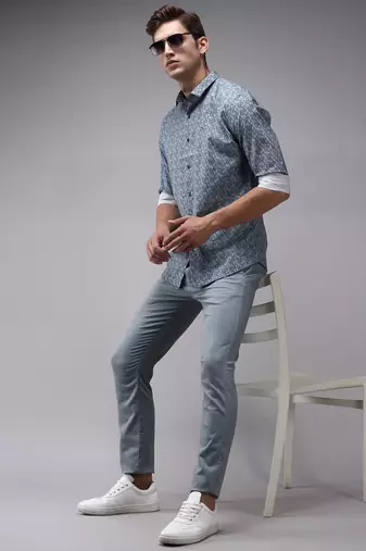 men's long sleeves abstract navy blue shirt