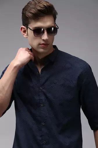 Showoff men's long sleeves micro ditsy navy blue shirt