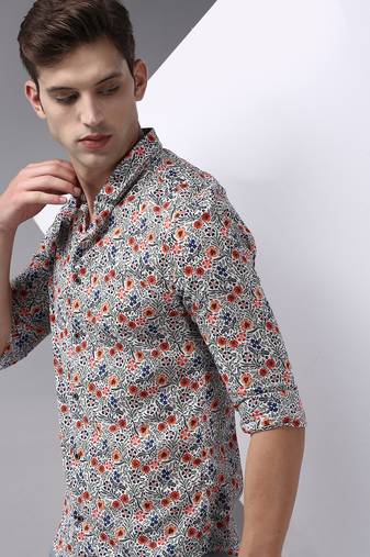 men's long sleeves floral white shirt