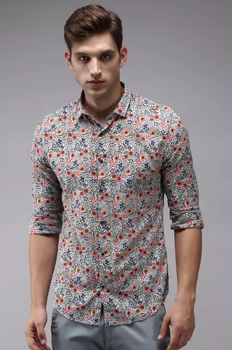 men's long sleeves floral white shirt